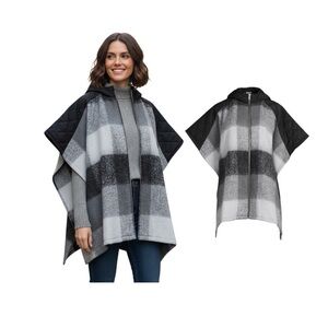 Time And Tru Black Plaid Hooded Zipper Poncho Sweater